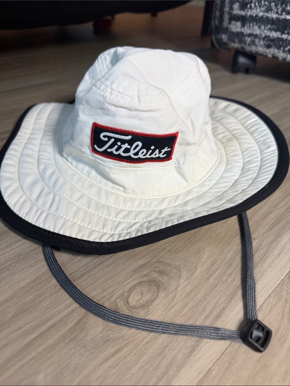 Titleist White Bucket Hat with Black Trim and Chin Strap